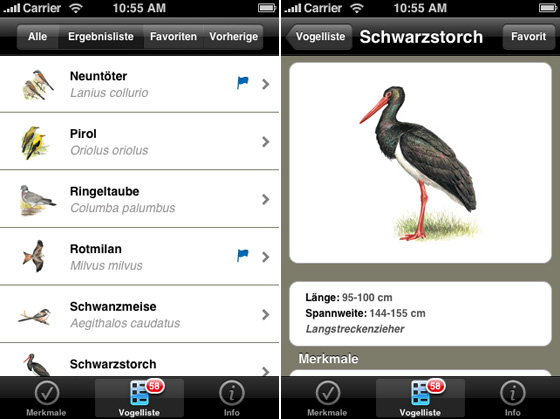 iPhone Vogelführer Screenshots